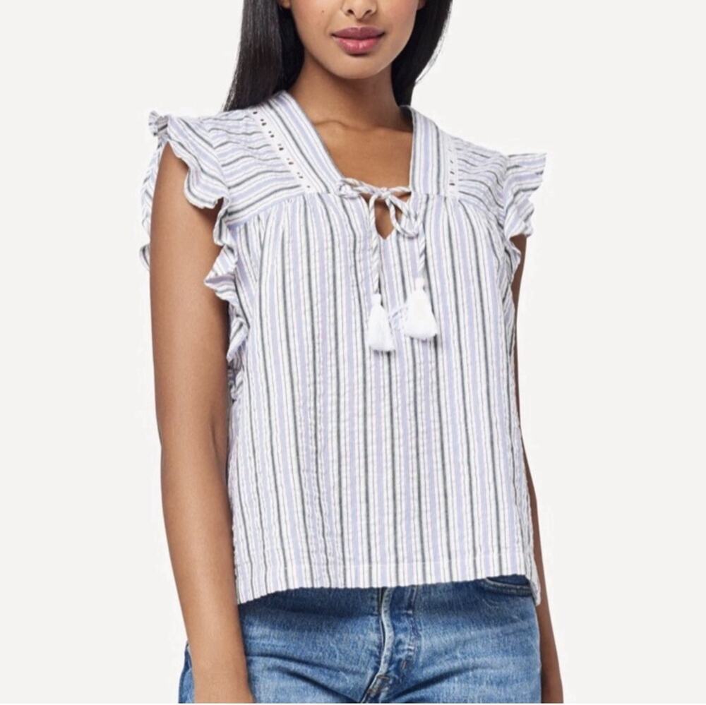 Lilla P Flutter Sleeve Yarn-Dye Stripe Top Size Small V-Neck Cotton Tassel Boho